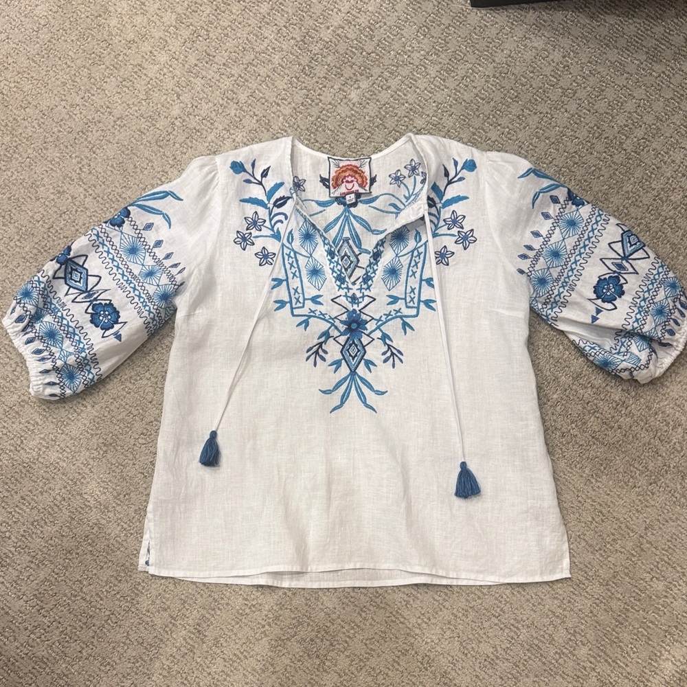 Johnny Was Kids White Blouse with Blue Embroidery